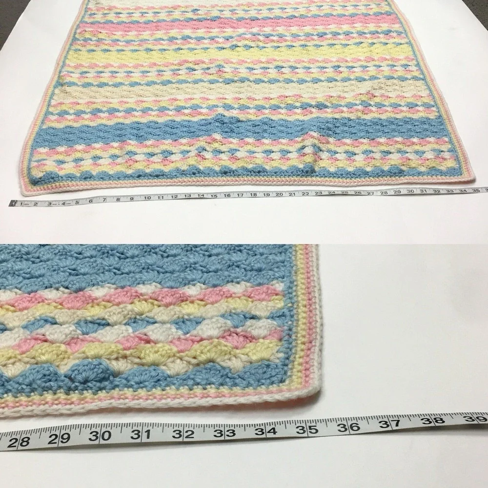 Pastel White Yellow Blue Pink Baby Blanket Lap Afghan Crocheted 35‎ x 44 inches